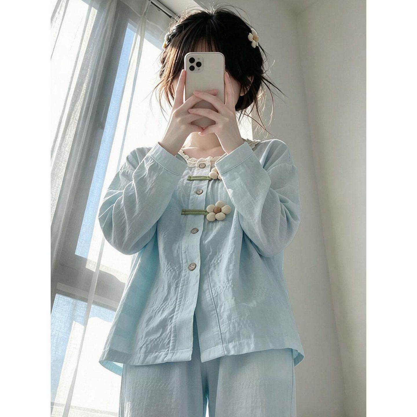 可外穿睡衣女春春季带胸垫2026新款甜美花朵长袖女装其它制服套装图片