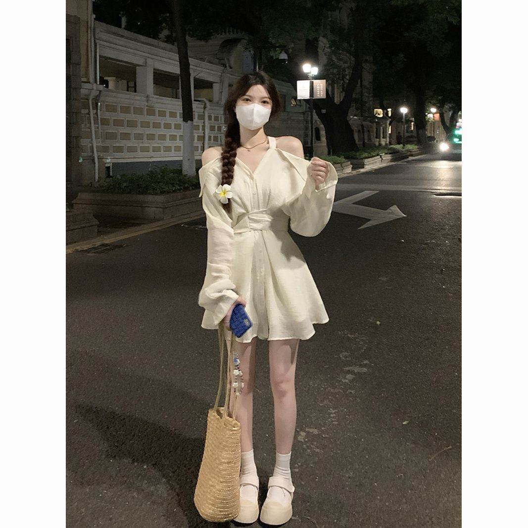 温柔穿搭韩版时尚气质设计感挂脖衬衫连衣裙短裤带雪纺内里两件套