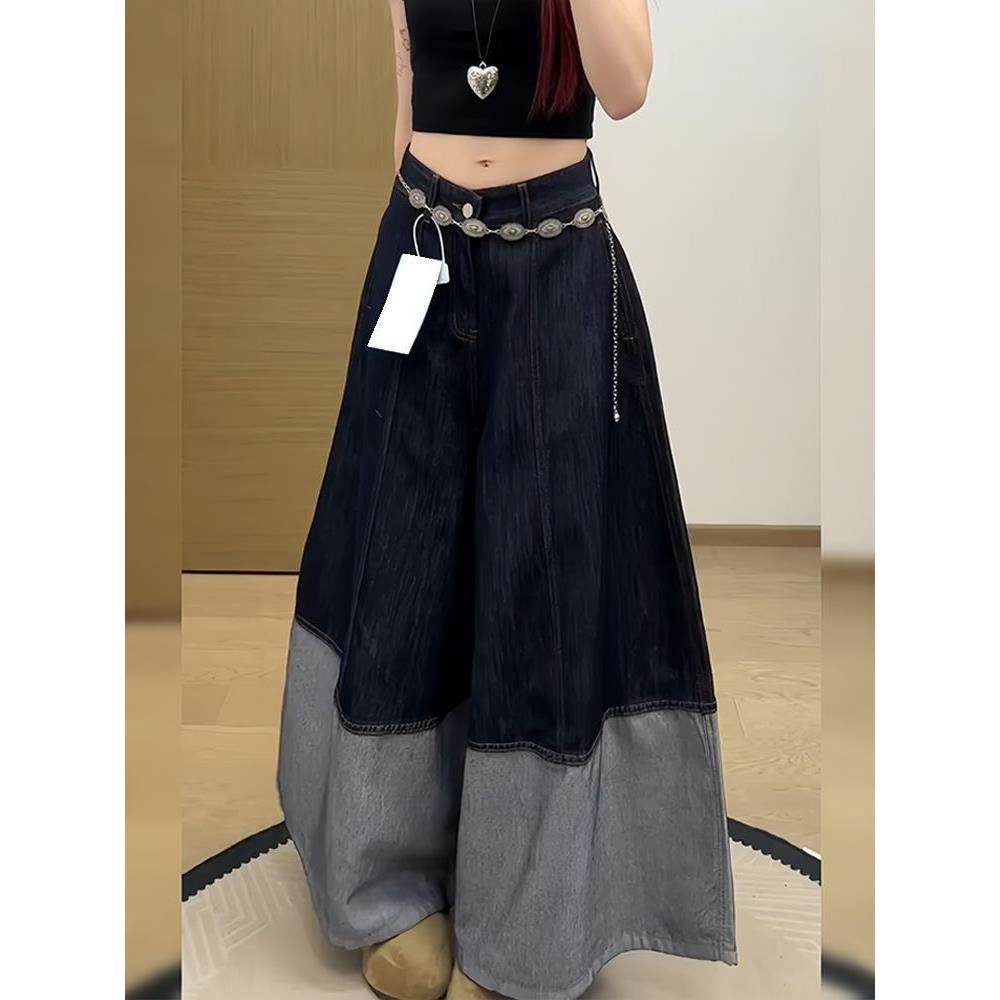 美式复古时髦设计感拼接牛仔裤子女夏季薄款宽松廓形剪裁阔腿裙裤