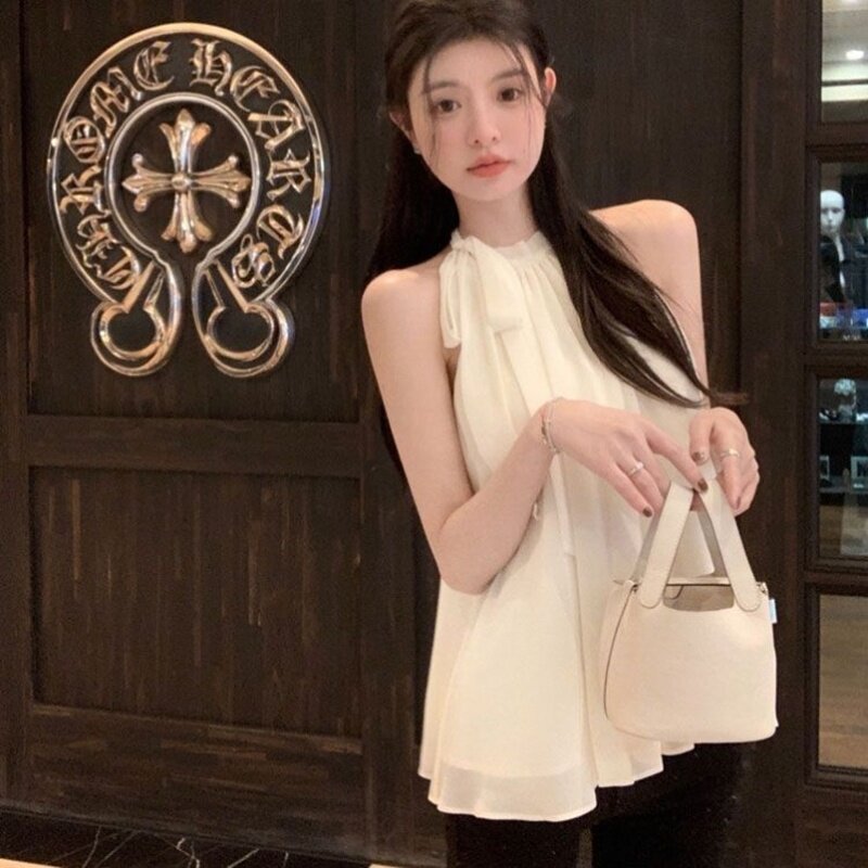 新中式挂脖无袖雪纺衫女夏季薄款露肩高级感小清新别致上衣女ins