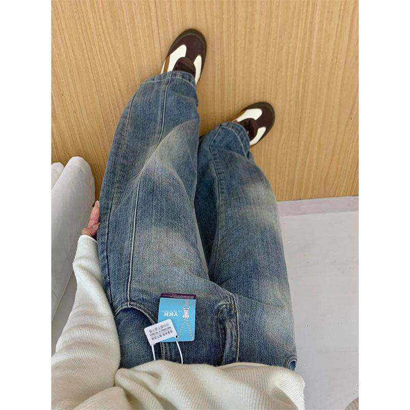 小个子美式宽松水洗复古蓝阔腿牛仔裤女高腰垂感显瘦拖地直筒裤潮