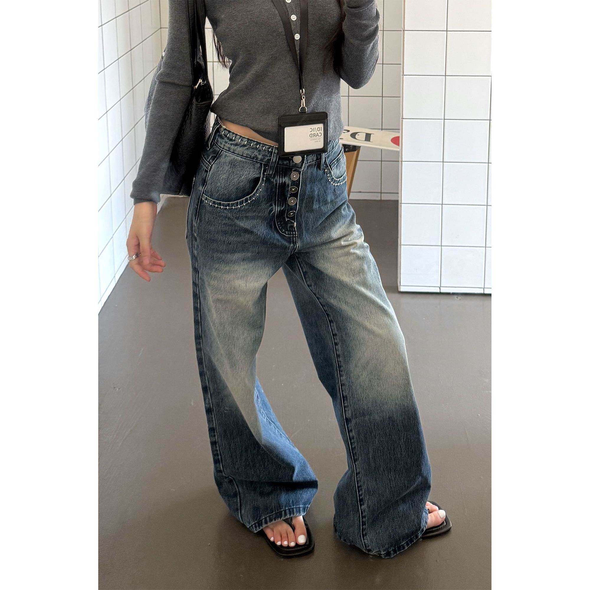 高个子加长美式复古水洗蓝色直筒牛仔裤女高腰宽松显瘦阔腿拖地裤