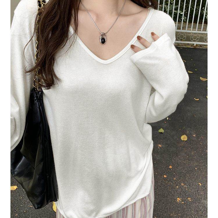 早秋慵懒上衣2026新款韩版宽松显瘦领长袖恤女通勤白色打底衫潮