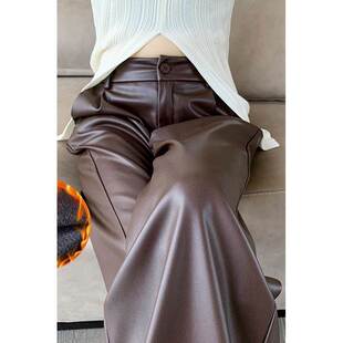 子潮 直筒显瘦休闲高腰高级宽松阔腿咖色拖地裤 皮裤 2026春夏新款