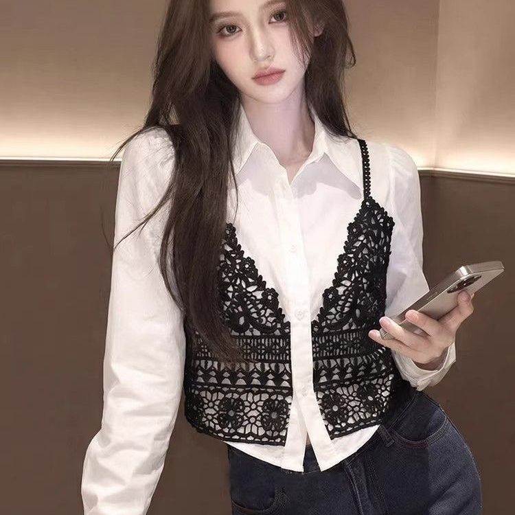 韩版蕾丝拼接假两件长袖衬衫女2026春季新款高端白色宽松显瘦上衣