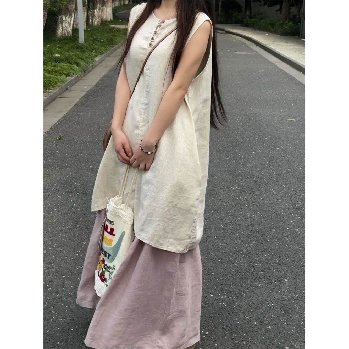 亚麻新中式素衣背心阔腿裤套装汉服女宽松中长款禅服棉麻夏季垂感