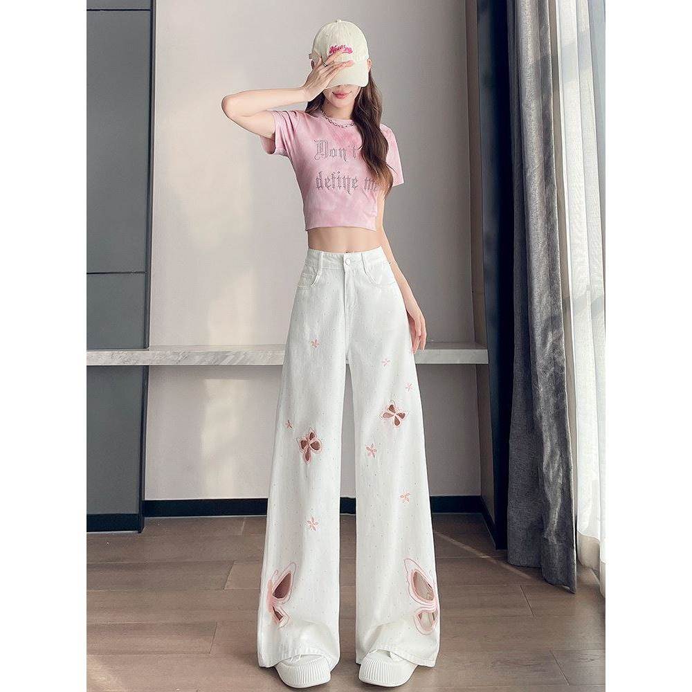 白色蝴蝶镂空烫钻牛仔裤女2026夏薄款阔腿裤设计感破洞垂感拖地裤