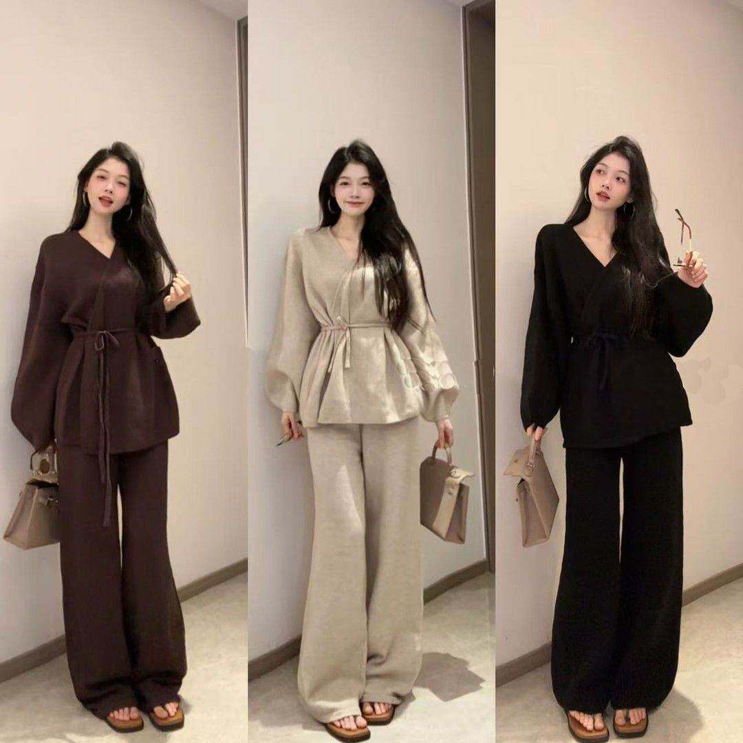 慵懒风毛衣套装春夏小个子高级感轻熟气质女神范针织阔腿裤两件套