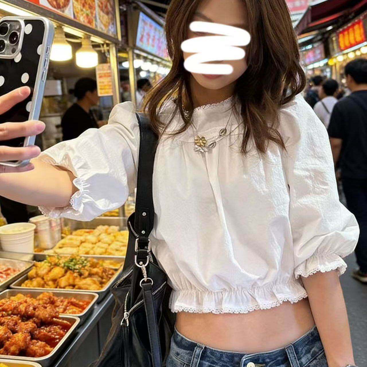 栀子花夏季新款泡泡袖蕾丝边短款五分袖法式甜美温柔显瘦上衣女