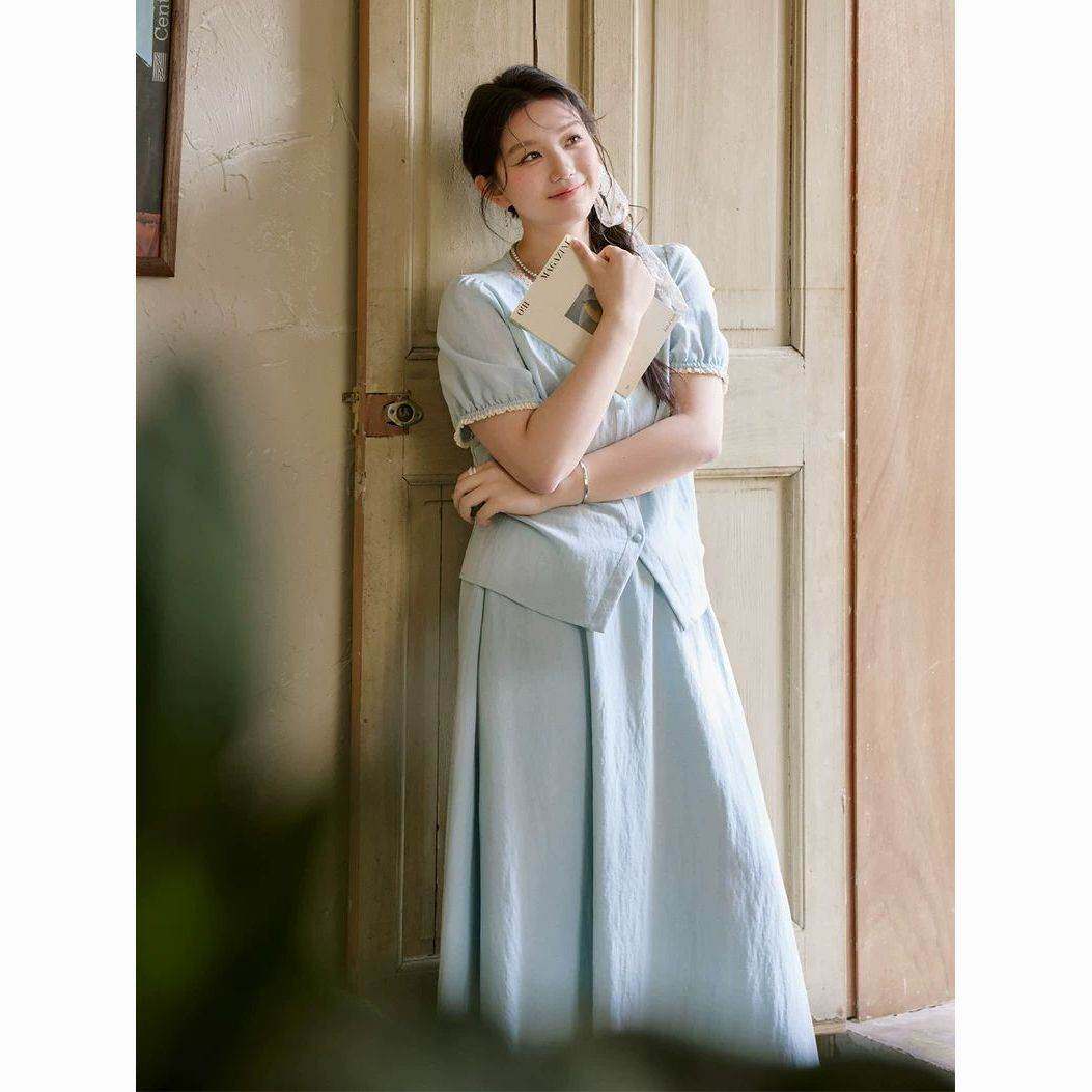 大码女装天丝亚麻收腰领上衣伞裙套装夏季亲肤透气两件套