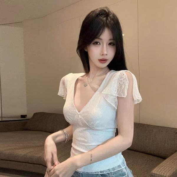 原版面料小飞袖蕾丝短袖t恤女夏季纯欲辣妹性感v领上衣独特漂亮