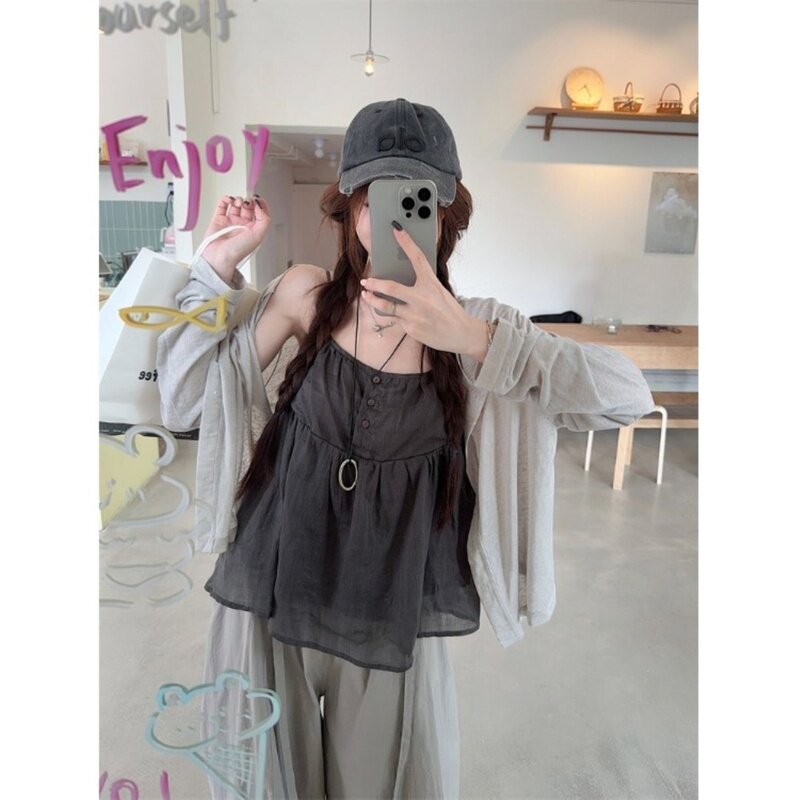 慵懒风薄款开衫外套内搭吊带女夏季宽松休闲裤长裤套装