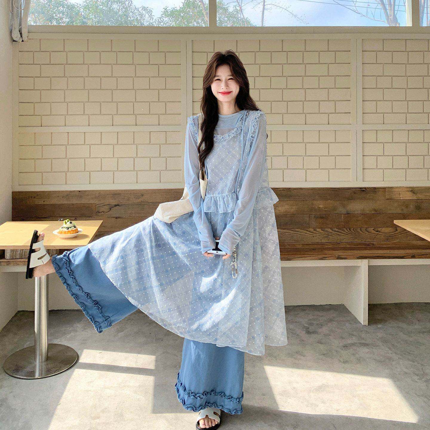 松弛感森系叠穿防晒网纱罩衫阔腿裤三件套女夏减龄出游一整套