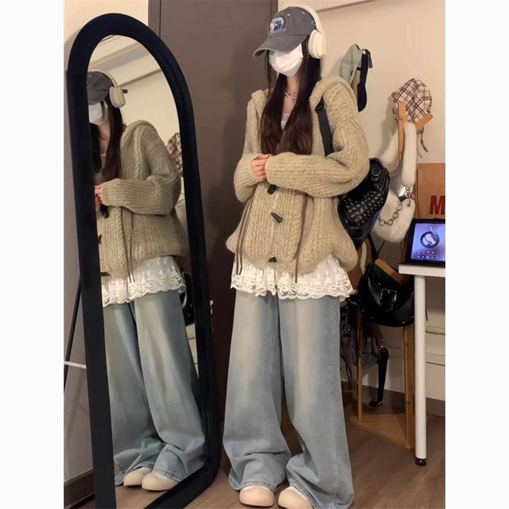 美式复古兔耳朵牛角扣连帽毛衣女秋冬宽松显瘦慵懒风针织开衫外套