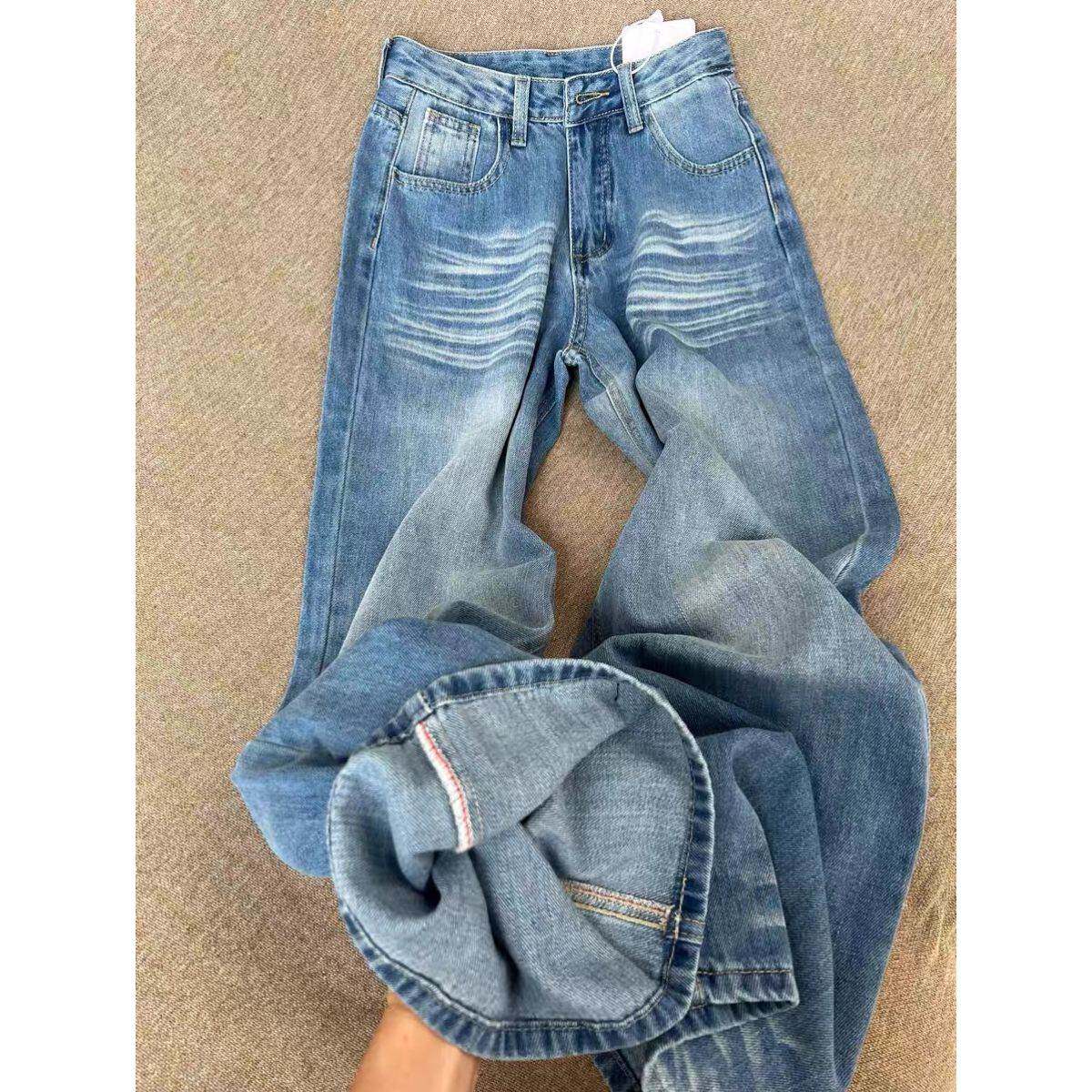 加长版美式复古阔腿牛仔裤女新款宽松显瘦高腰垂感直筒拖地裤子