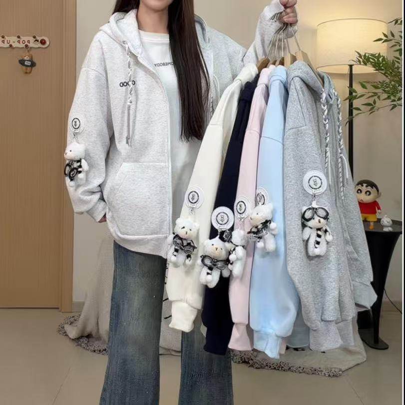 美式复古甜妹小熊挂件连帽卫衣2026春秋新款韩版宽松学生外套
