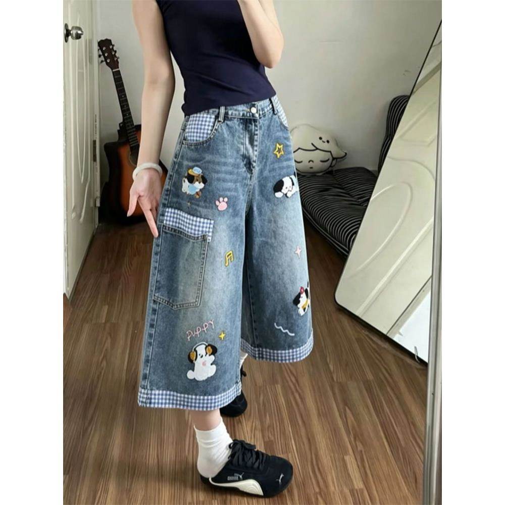 高街牛仔七分裤女夏季美式卡通刺绣小狗格子拼接阔腿裤显瘦中裤潮