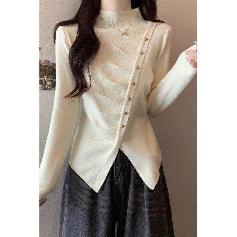 半高领不规则针织打底衫女春夏新款气质内搭薄款毛衣显瘦长袖上衣