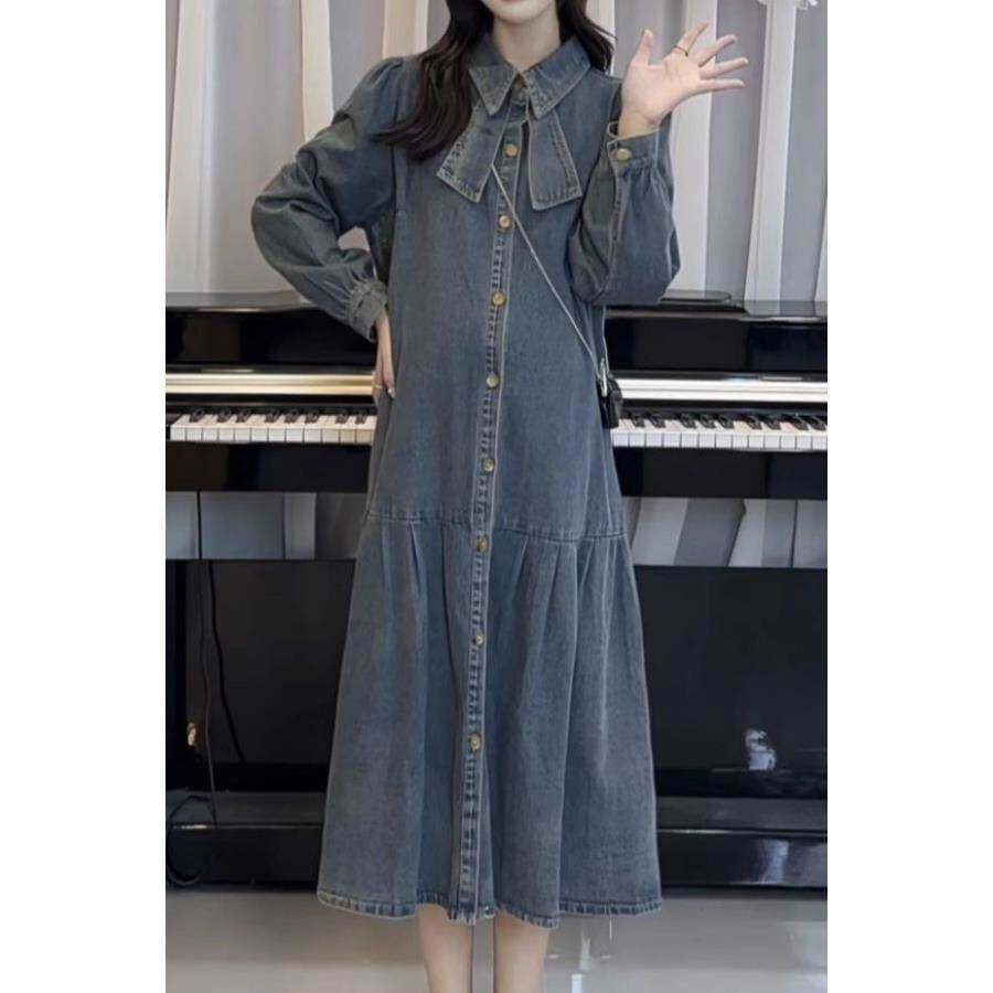 孕妇装春夏牛仔百褶裙宽松甜美长袖春春夏长款连衣裙女
