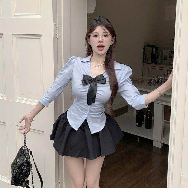 蝴蝶结韩系翻领短袖衬衫修身褶皱衬衣学院风甜辣上衣裙子两件套装