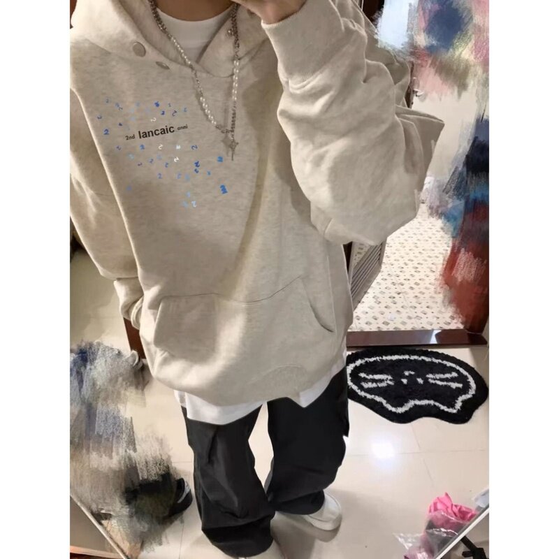 美式高街白灰色连帽卫衣男女秋冬季潮牌小众设计感加绒外套上衣