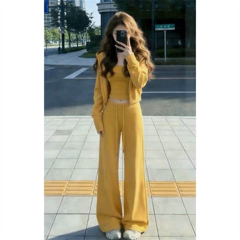 韩系简约风黄色套装女连帽外套短袖上衣阔腿裤春季新款洋气三件套