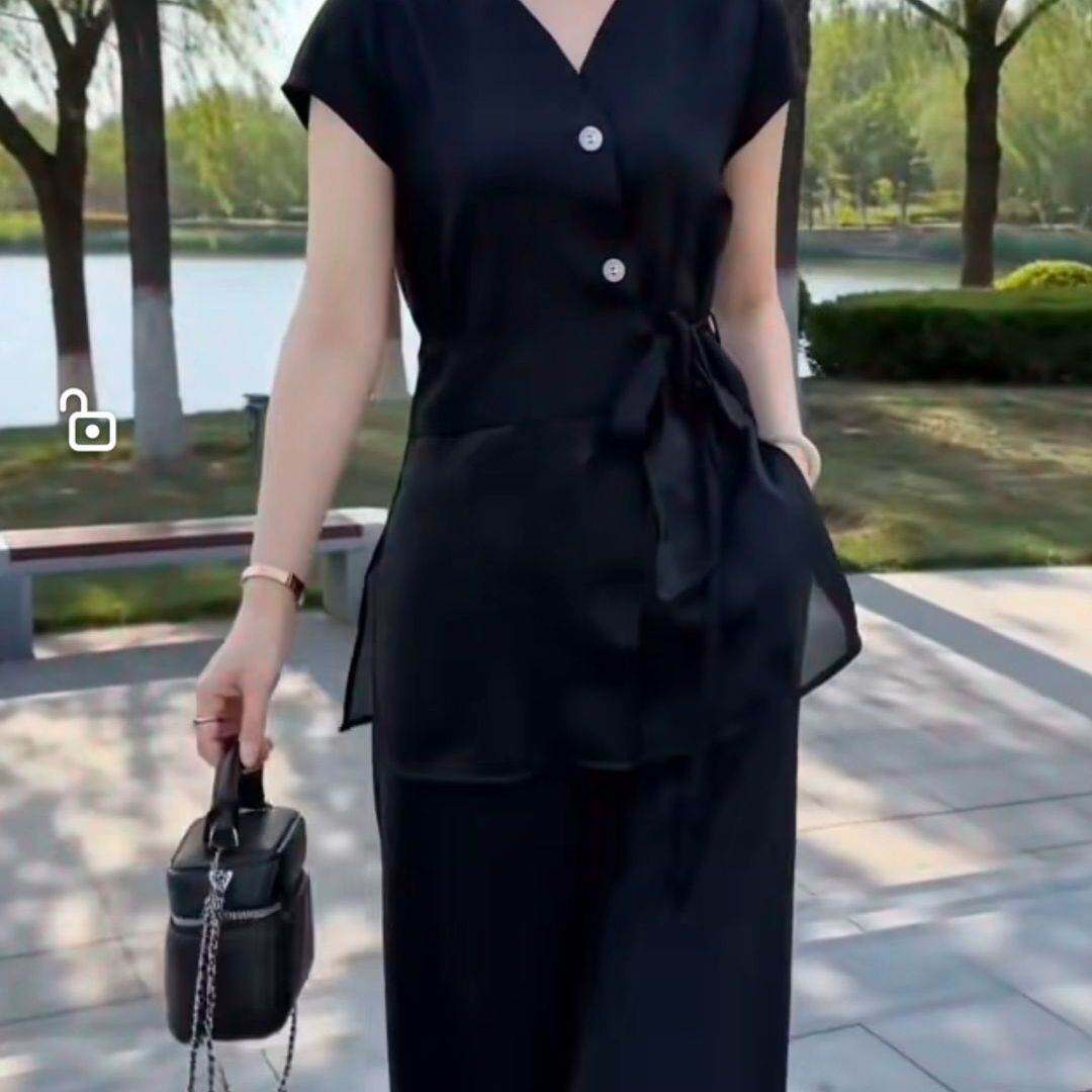女士大码夏季黑色系上衣裤子显瘦优雅阔腿裤套装两件套装1015
