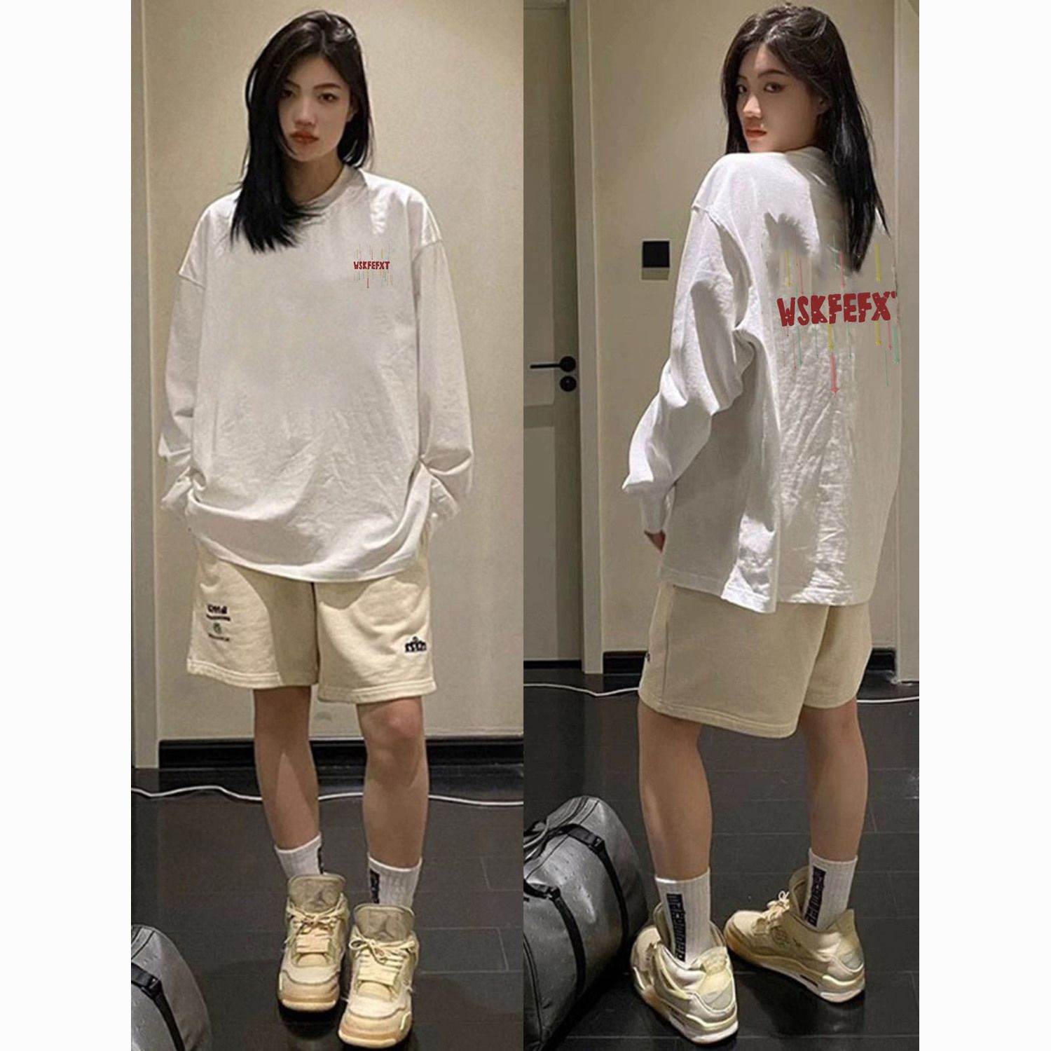 棉字母印花长袖女恤中长款秋季宽松韩版休闲打底衫高级
