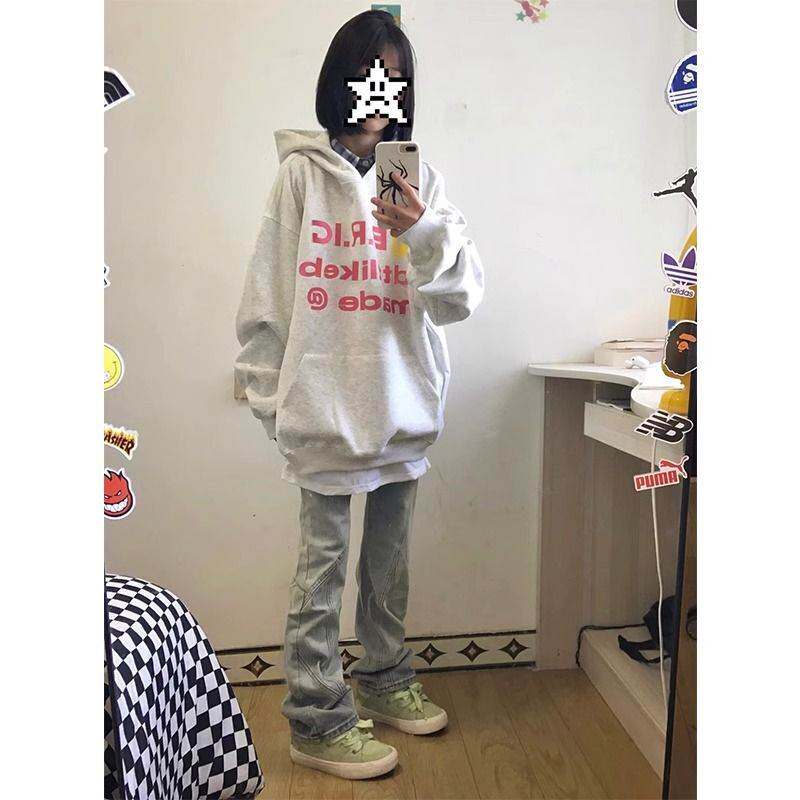 国潮牌美式连帽卫衣女春秋超好看小众设计感宽松薄款外套
