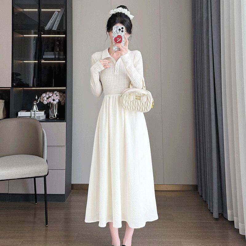 长袖针织拼接连衣裙早春显瘦中长款新款系带过膝气质超仙打底裙子