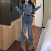 连体衣高腰阔腿裤 高级感复古港味牛仔连身裤 长袖 新款 女2026年春季