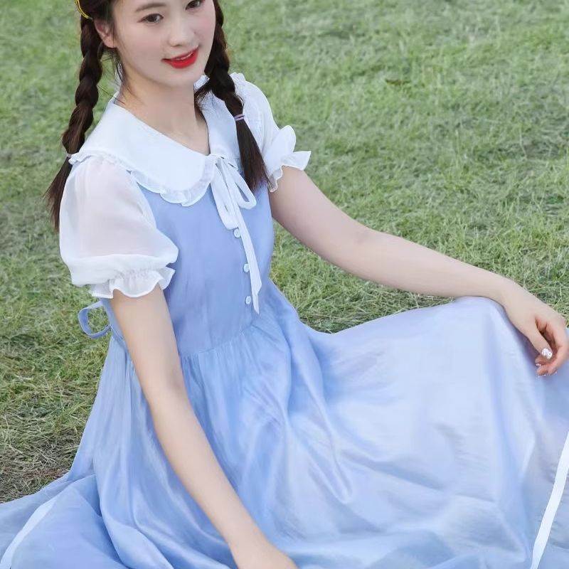 少女清新连衣裙法式新款学院甜美娃娃夏季过膝长款小初中学生裙子