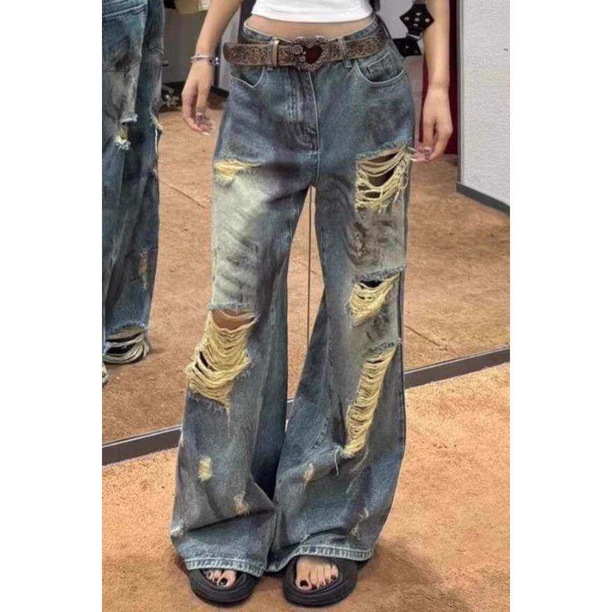高个子加长版美式高街破洞牛仔裤子女夏季复古宽松慵懒风阔腿裤