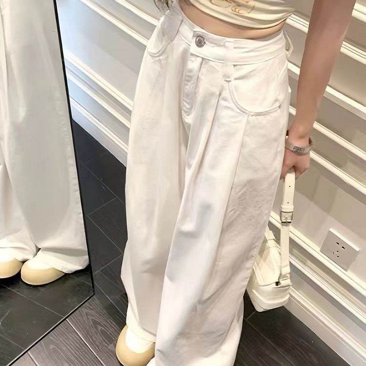 白色阔腿牛仔裤女夏季学生新款高腰宽松显瘦垂感拖地裤子女潮流