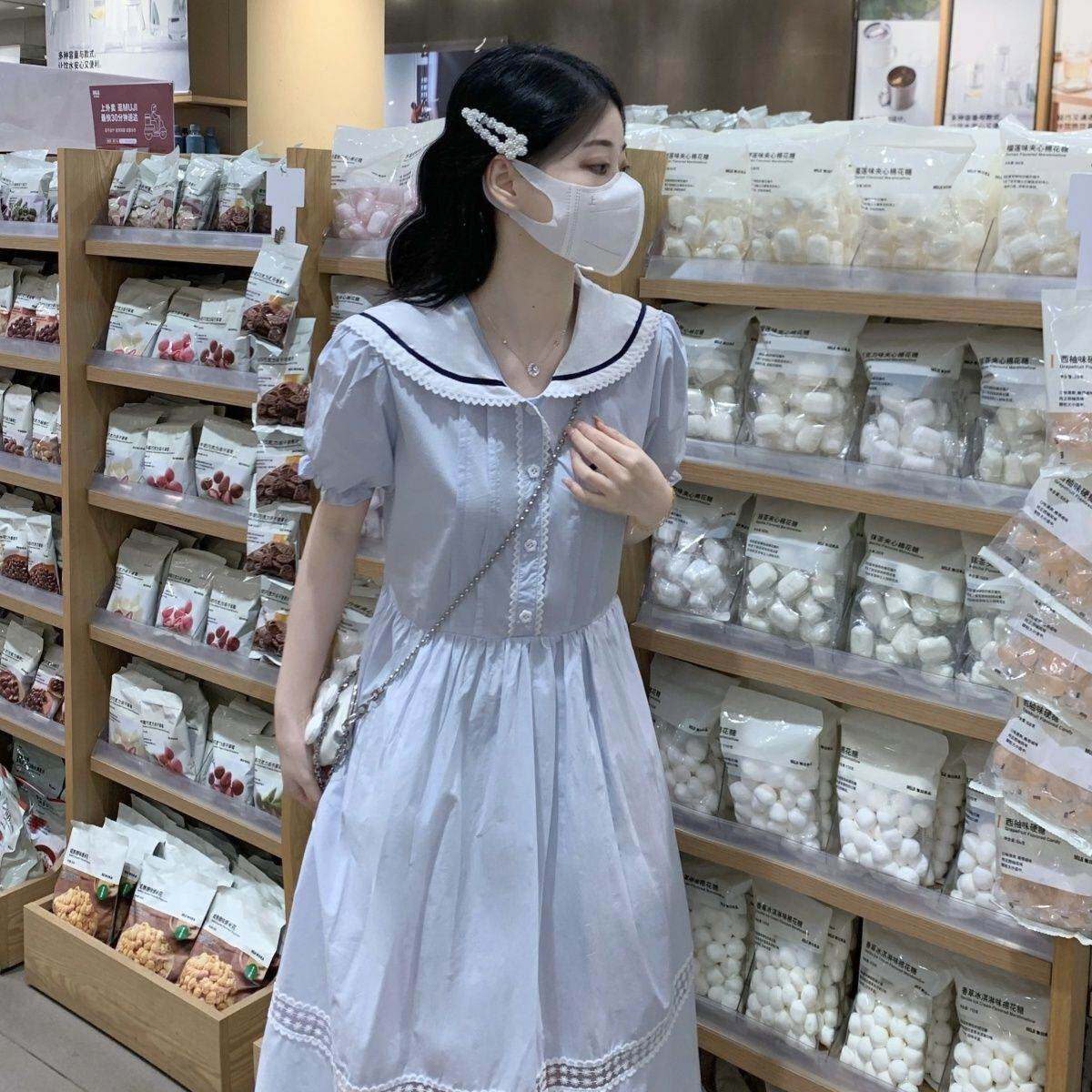 学院风甜美可爱海军领过膝长裙子少女夏季小个子初中生女生连衣裙