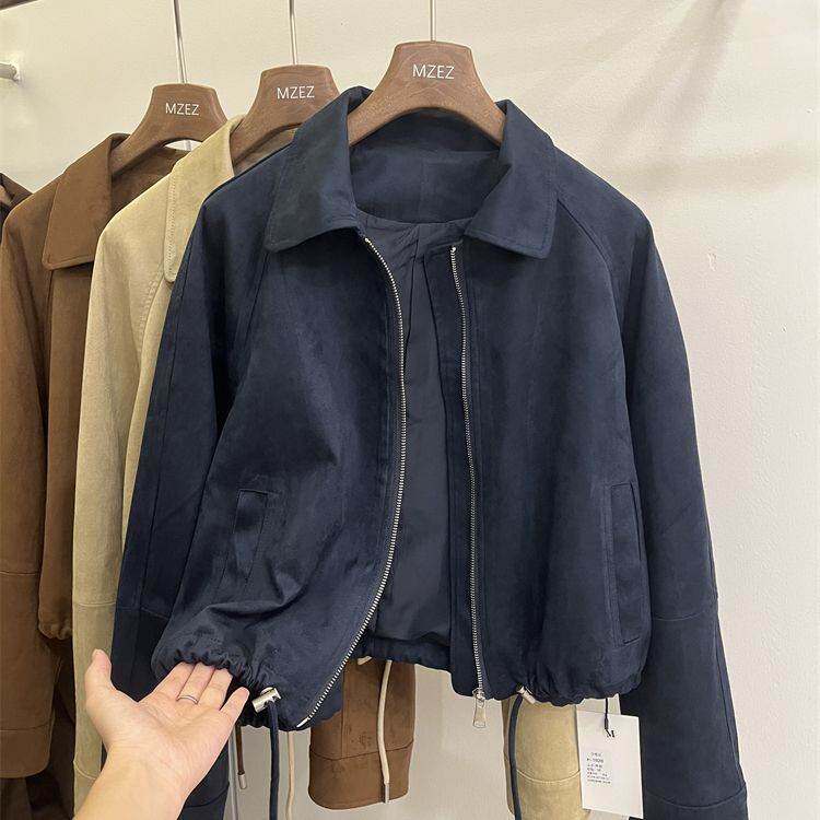 设计感抽绳翻领麂皮绒夹克外套女春秋新款小个子棒球服机车服上衣