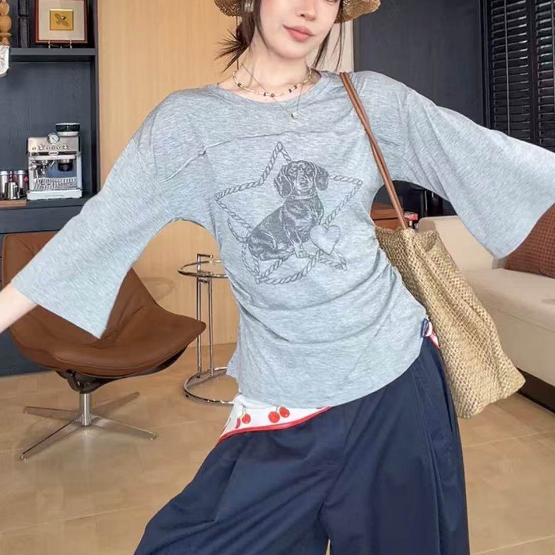 清风入怀酷感甜美喇叭袖小狗印花清爽舒适棉七分袖恤上衣