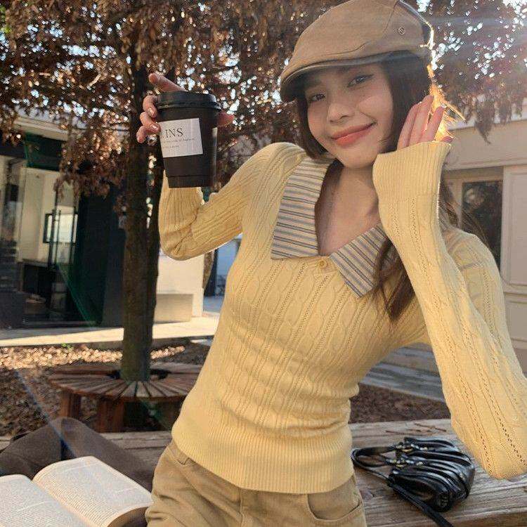 显瘦上衣女春夏休闲麻花毛衣慵懒高级感打底衫套头翻领针织衫内搭