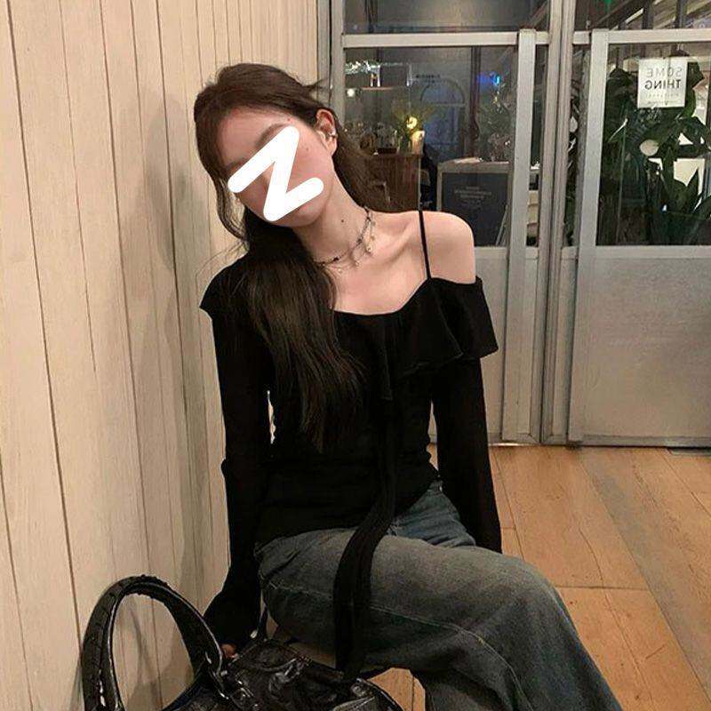 法式设计感一字肩性感吊带打底春秋新款别致时尚修身长袖恤上衣