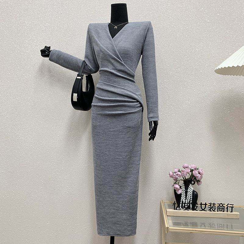 针织弹力灰色性感包臀裙长袖春夏新品领外穿长款压褶打底连衣裙