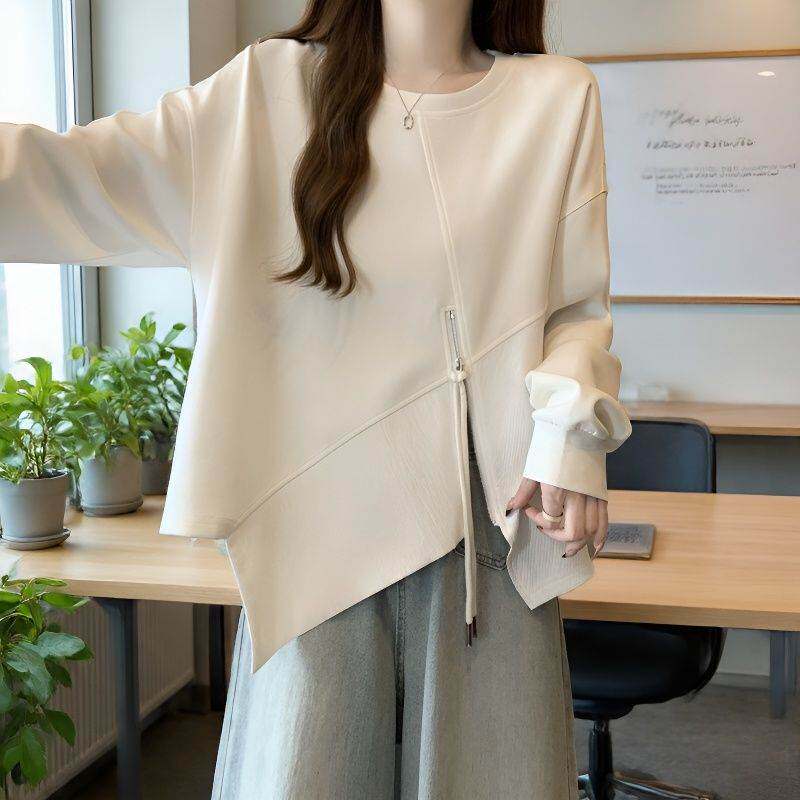 2026春秋新款卫衣不规则宽松遮肚长袖大码女装胖设计感