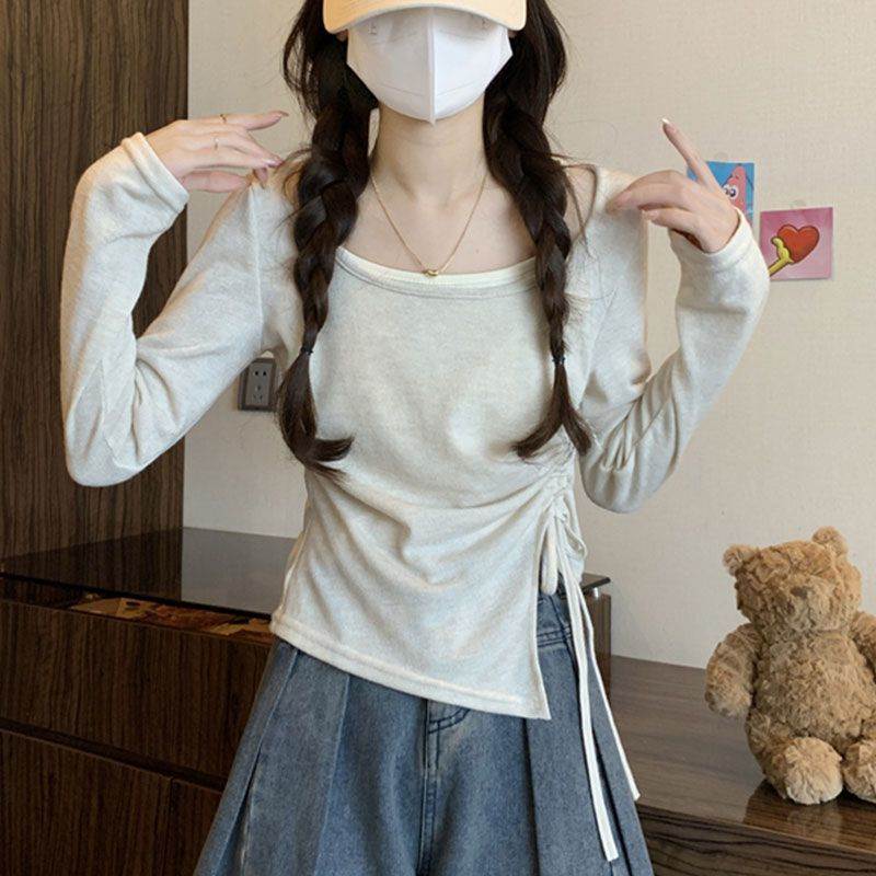 假两件拼色圆领长袖针织衫女抽绳设计春秋新款不规则下摆掐腰上衣