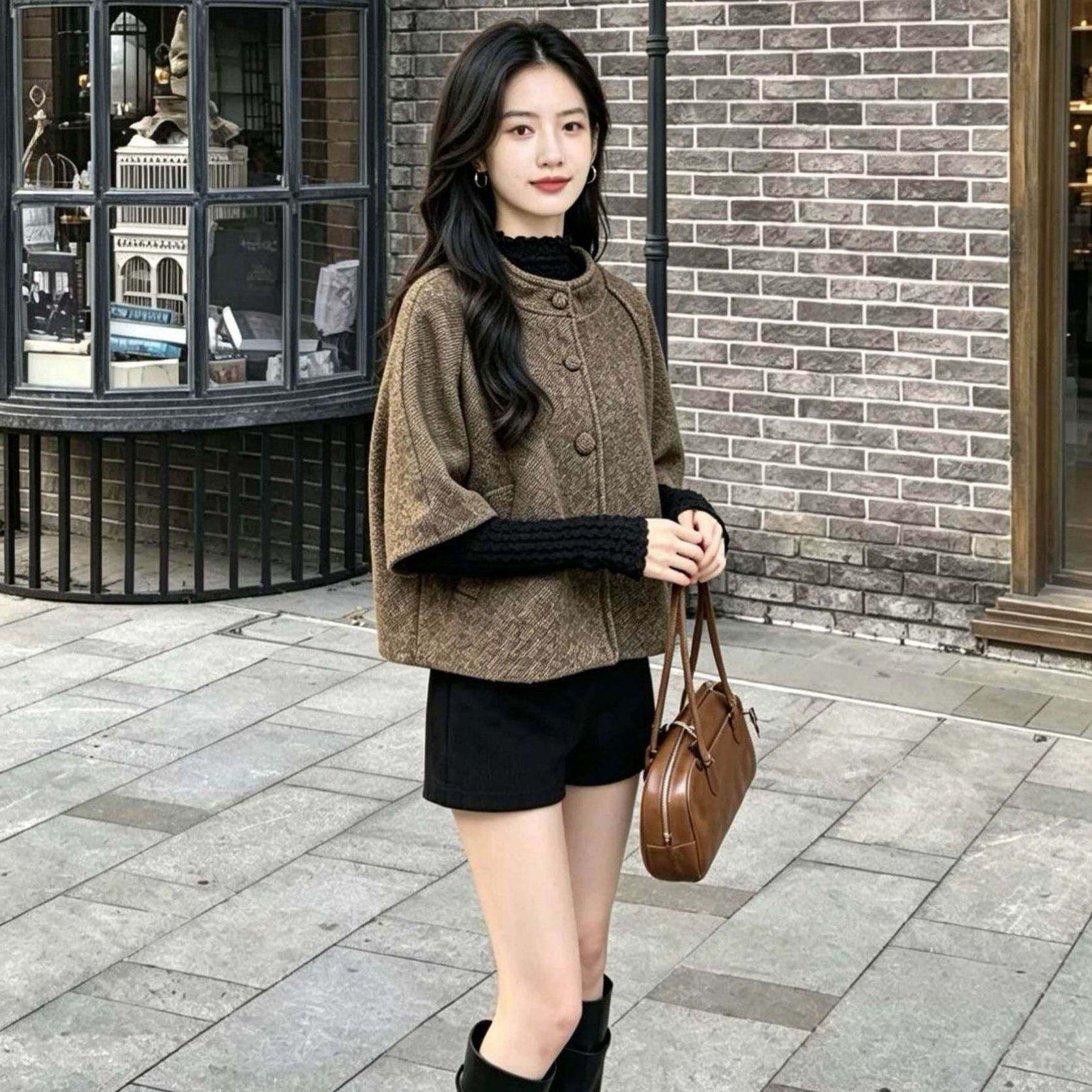 法式复古千金风斗篷毛呢外套女秋冬穿搭高级别致独特叠穿修身上衣