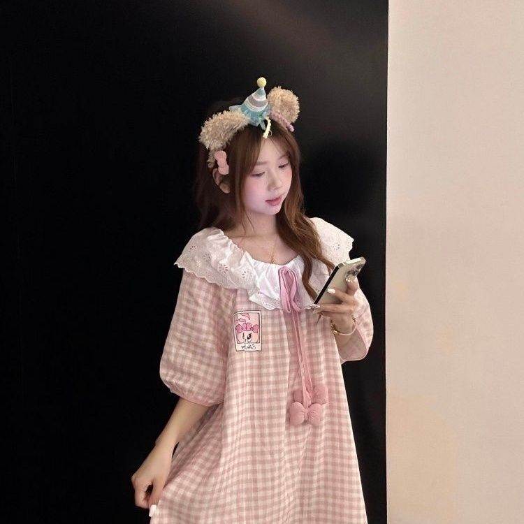 韩版甜美高级感粉色格子蕾丝花边中长裙短袖睡裙女夏天少女家居服
