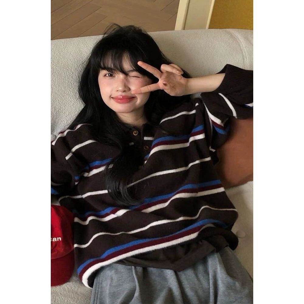 韩国秋新款长袖领休闲撞色条纹针织衫仿羊毛复古毛衣女