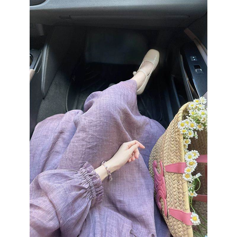 茶歇法式紫色长袖连衣裙女夏季新气质长裙子
