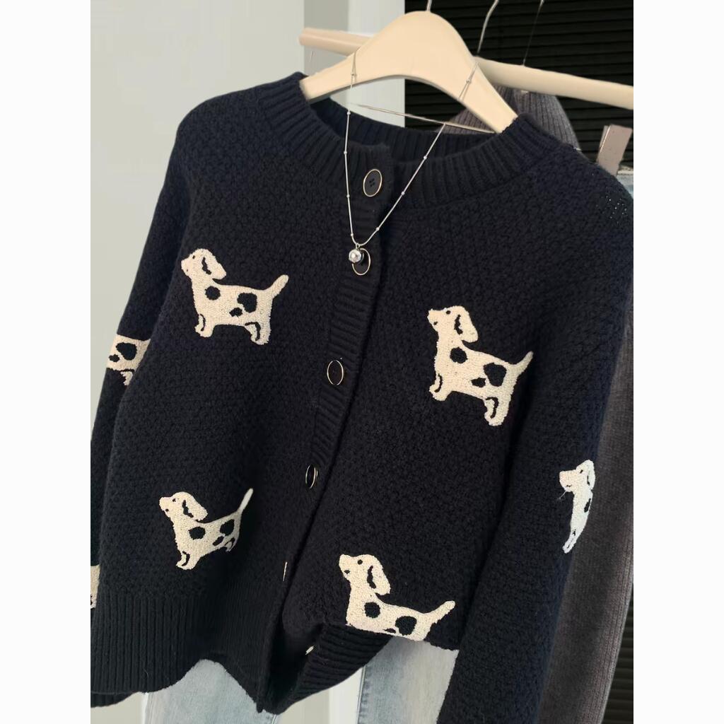 黑色小狗毛衣外套女春秋厚短款宽松小个子高级感圆领针织开衫初春