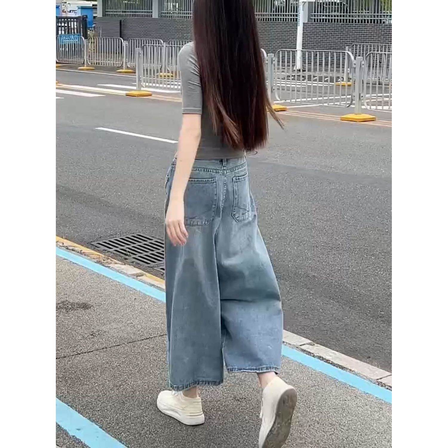 浅蓝色八分阔腿牛仔裤女2026年夏季新款直筒高腰宽松薄款七分中裤