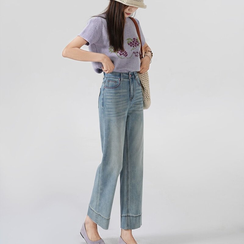 小个子牛仔裤女夏季薄款若纤原创莱赛尔天丝九分牛仔裤宽松阔腿裤