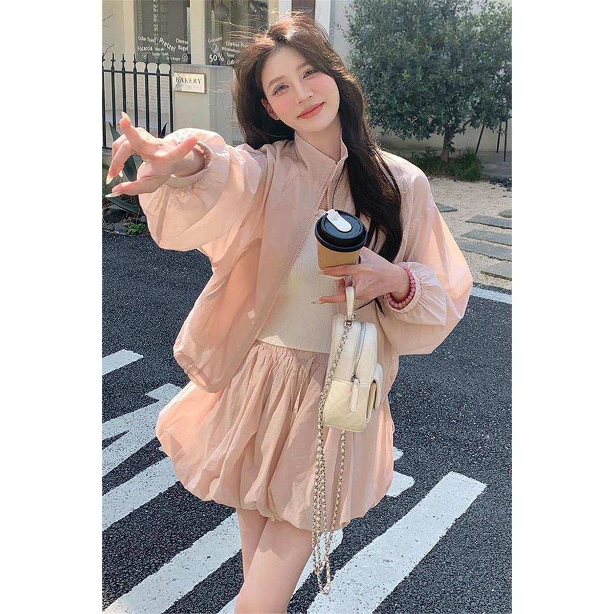 粉色短款上衣花苞裙套装女夏季甜美穿搭一整套防晒衣半身裙两件套